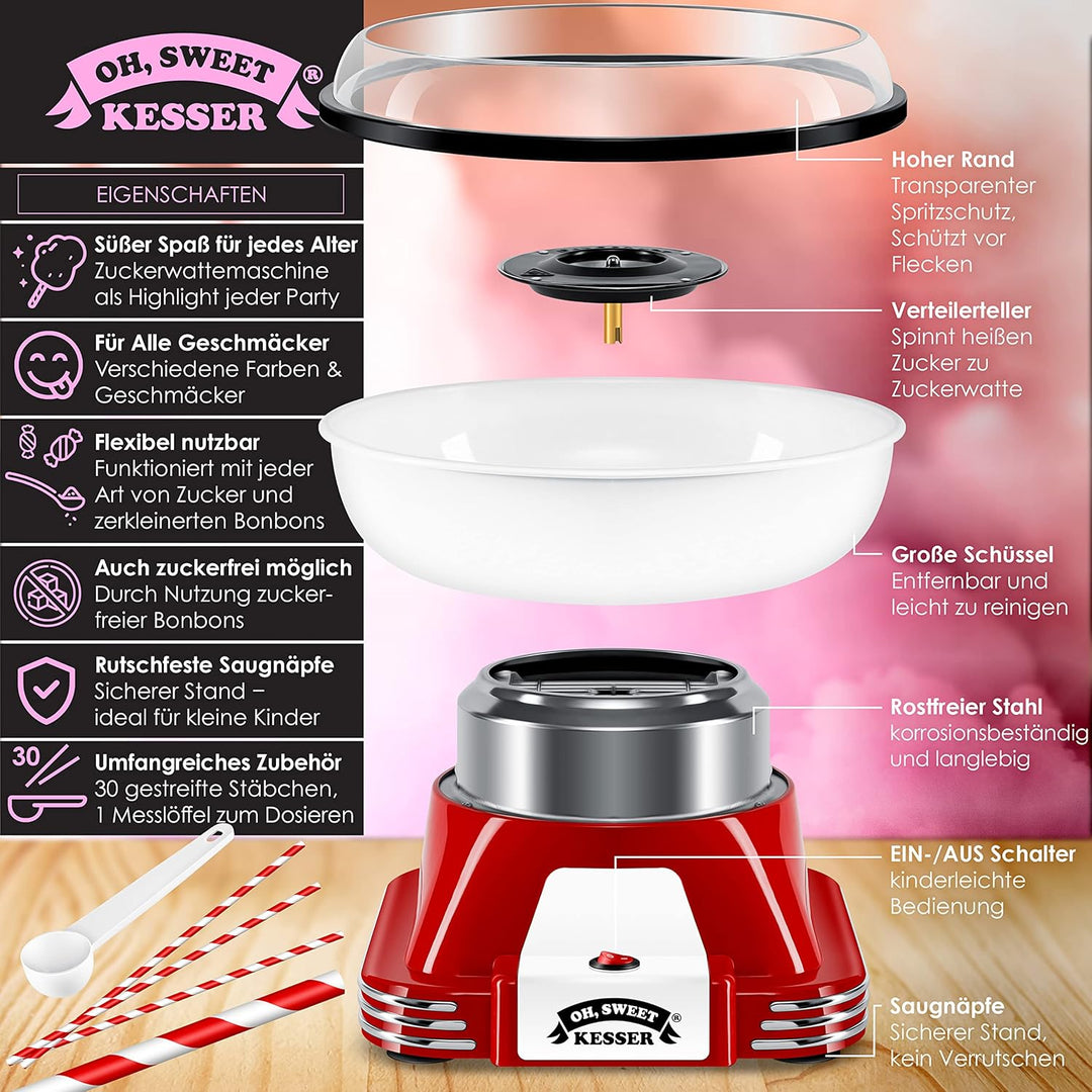 KESSER® Zuckerwattemaschine Set für Dein zuhause - Mit 30x Zuckerwatte Stäbchen & Messlöffel - Retro