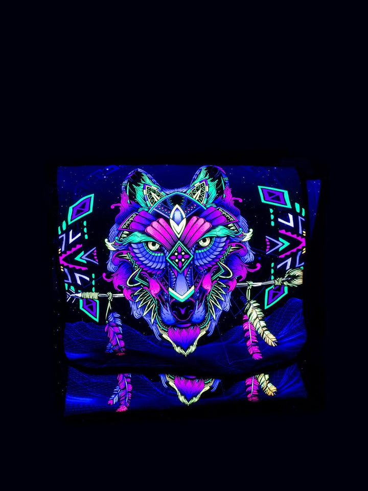 PSYWORK Schwarzlicht Umhänge Tragetasche Neon Sentymo Wolf Neon UV-aktiv wasserabweisend
