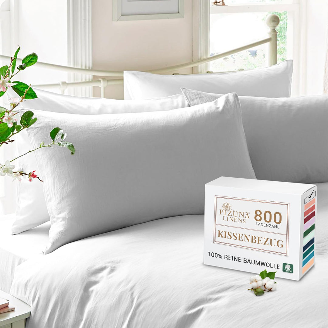 Pizuna Luxuriöser Soft-Satin 2er Pack Kissenbezug 40 x 80 cm Weiss, 800 Fadenzahl Baumwolle Quadrati