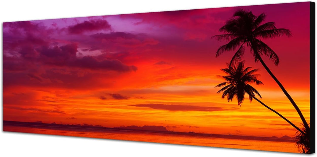 Panoramabild auf Leinwand und Keilrahmen 120x40cm Strand Meer Palmen Sonnenuntergang
