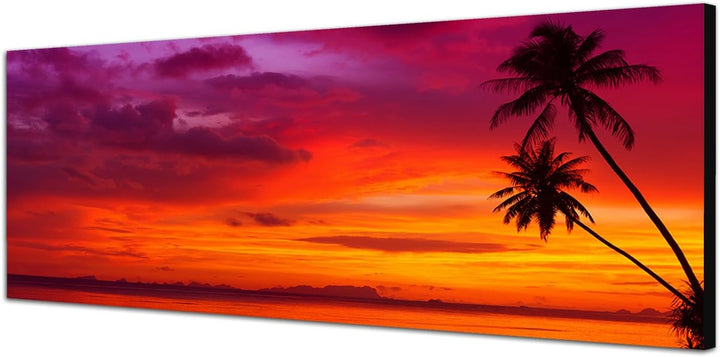 Panoramabild auf Leinwand und Keilrahmen 120x40cm Strand Meer Palmen Sonnenuntergang