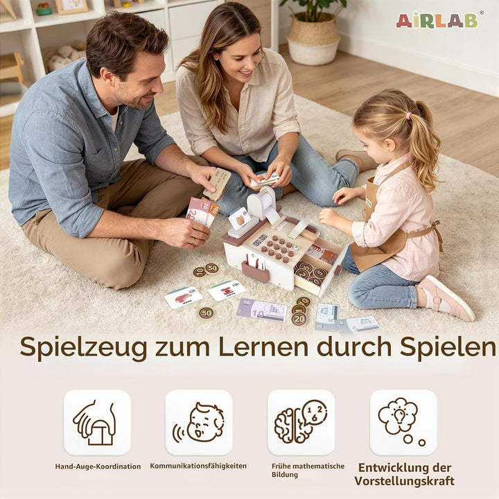 Airlab Kaufladen Zubehör Holz Kasse Spielzeug, Holzspielzeug Kasse Kinder, Kinderkasse mit Scanner S