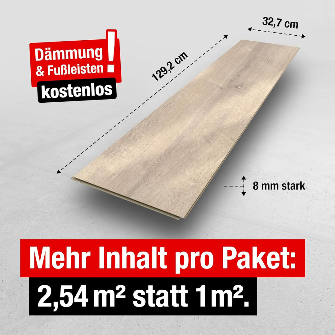 Premium Klick-Laminat-Boden, 2,54 m², inkl. kostenlose Trittschalldämmung &amp; Fussleisten, Stärke 8 mm