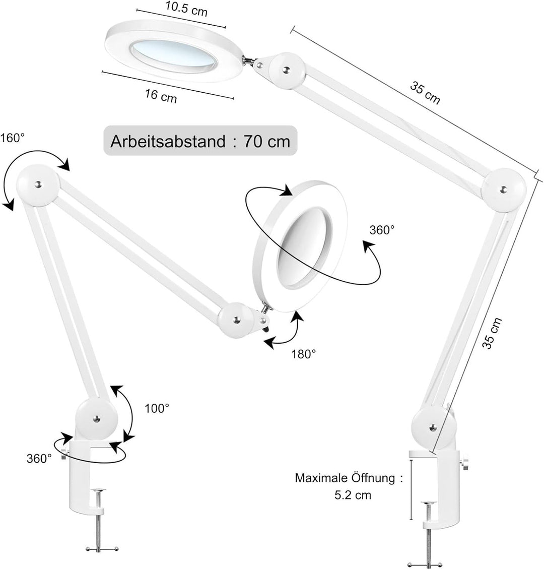 Beyamz LED Lupenleuchte, Arbeitsplatzlampe, 5 Dioptrien Lupe mit Licht - mit Klemme, Schwenkarm, Dim