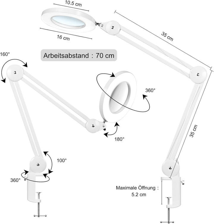 Beyamz LED Lupenleuchte, Arbeitsplatzlampe, 5 Dioptrien Lupe mit Licht - mit Klemme, Schwenkarm, Dim