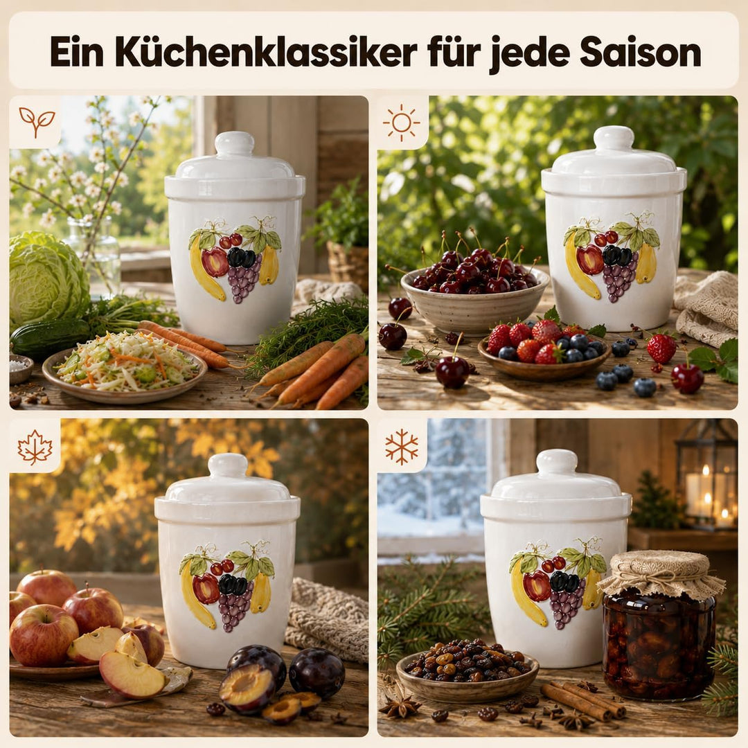Schmitt Rumtopf 10 L handbemalt mit Obstrelief | Gärtopf zum Einlegen von Obst Aller Art | Einmachto