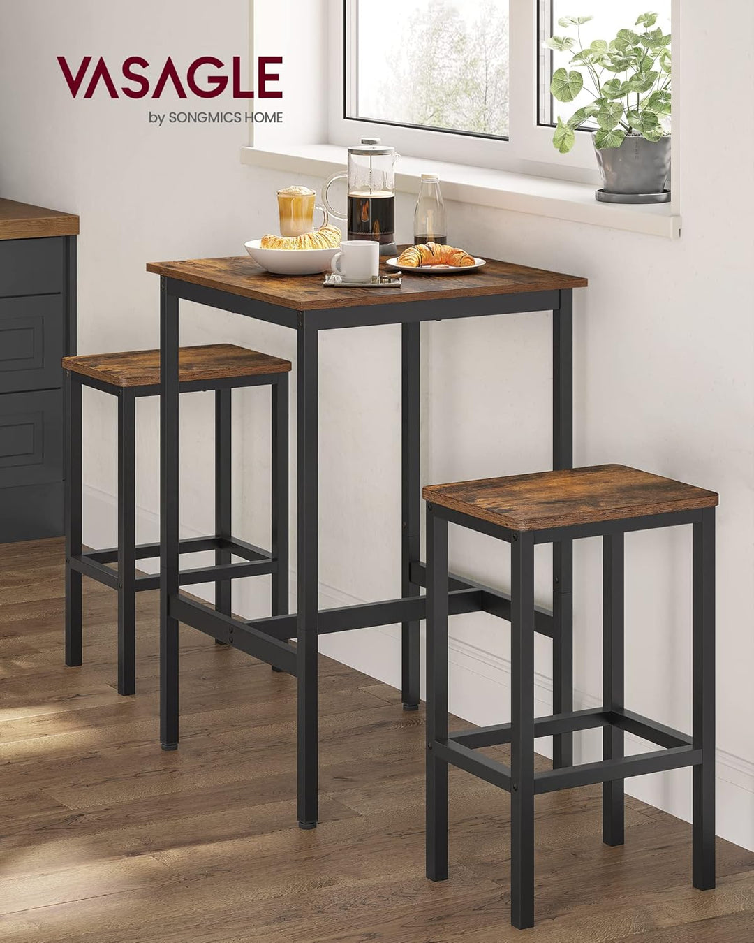 VASAGLE Bartisch mit Barhocker-Set, Esstisch mit 2 Stühlen, Küchentisch klein 60 x 60 x 90 cm, Barst