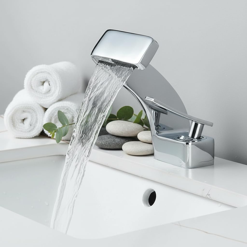 Waschtischarmatur, Wasserfallarmatur, Einhebelmischer Silber Messing, 360° schwenkbar – Armatur Bade