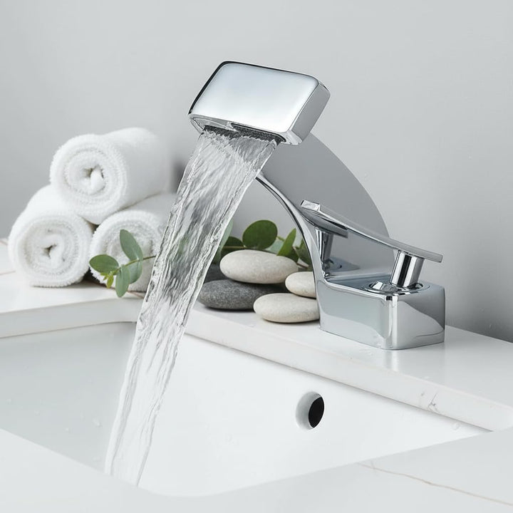 Waschtischarmatur, Wasserfallarmatur, Einhebelmischer Silber Messing, 360° schwenkbar – Armatur Bade