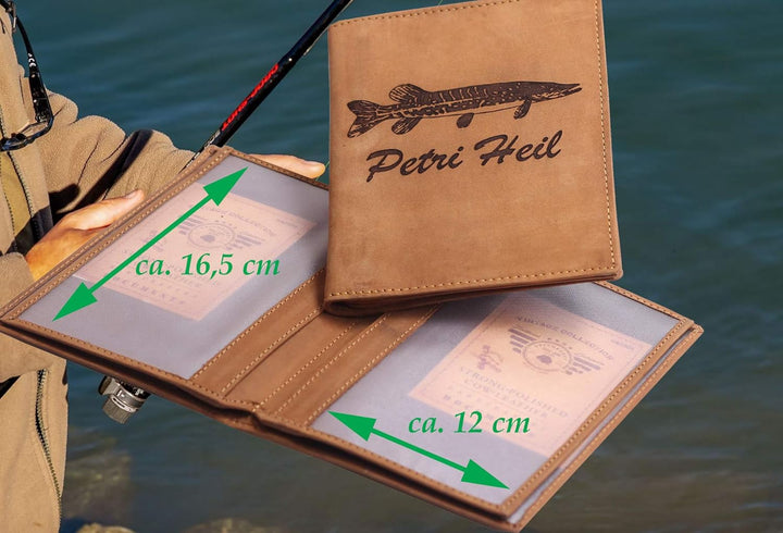 Greenburry Angler-Ausweismappe l Angelscheinmappe mit Petri Heil Motiv I Angel-Etui aus Leder l Lede