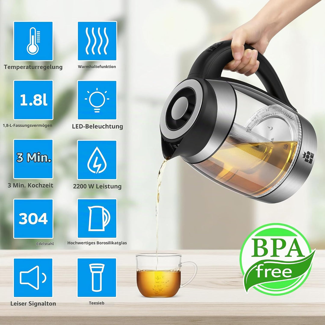 FOR ME Glas Elektrischer Wasserkocher mit Teesieb 1,8L, Temperatureinstellung, Temperaturwahl 40°C b
