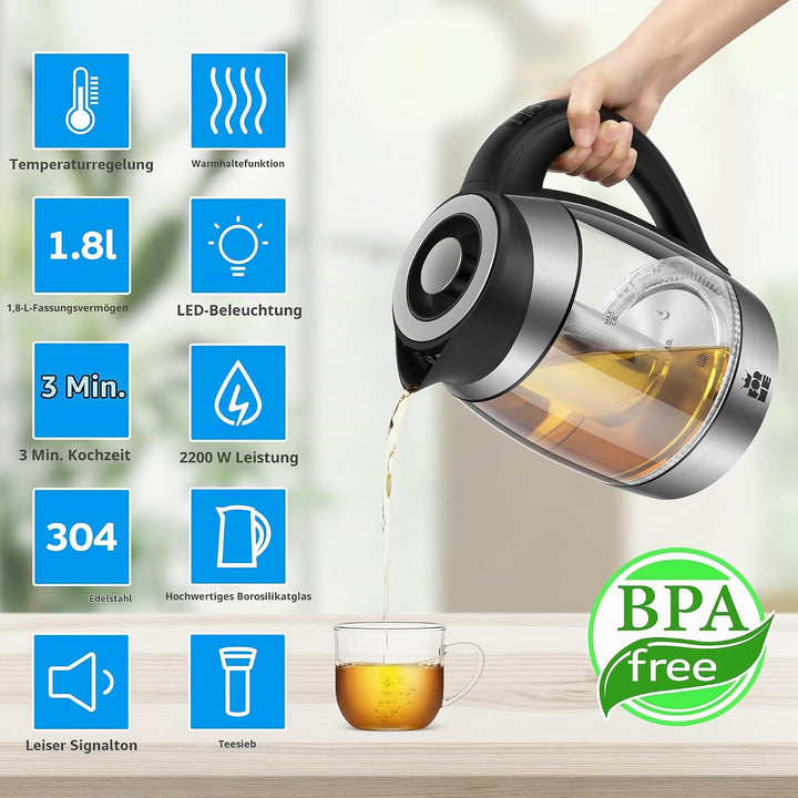 FOR ME Glas Elektrischer Wasserkocher mit Teesieb 1,8L, Temperatureinstellung, Temperaturwahl 40°C b