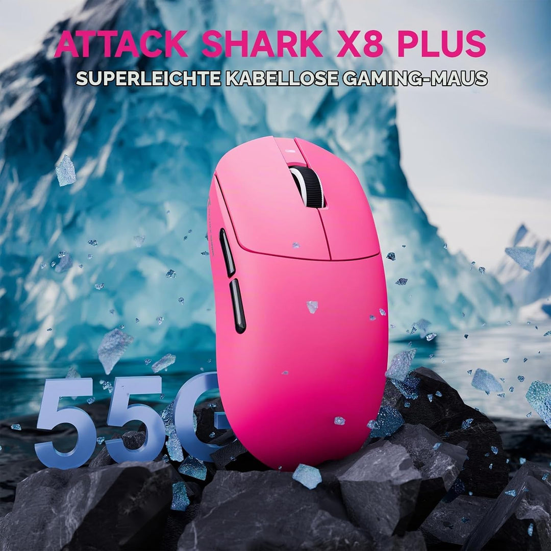 ATTACK SHARK X8 Serie Kabellose Gaming-Maus, 55–65 g Superleicht, PixArt PAW3395/3950 Sensor, BT/2.4