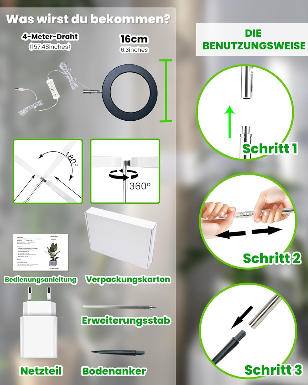 Wachstumslampe für Zimmerpflanzen LED Grow Light Full Spectrum,35~155cm Wachstumslampe höhenverstell