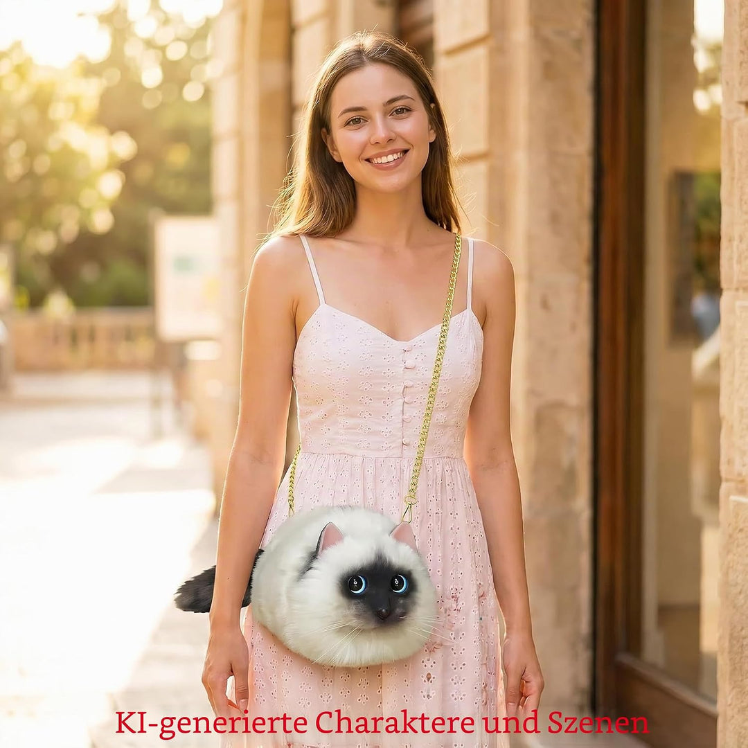 HUIJUFU Realistische Puffy-Plüsch-Katzentasche in Form einer Umhängetasche für Frauen (Siamkatze), S
