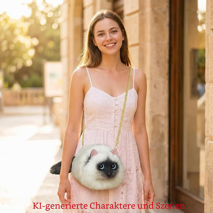 HUIJUFU Realistische Puffy-Plüsch-Katzentasche in Form einer Umhängetasche für Frauen (Siamkatze), S