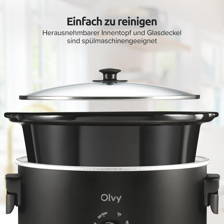 Olvy Slow Cooker 6L Schongarer Keramik-Innentopf 3 Stufen Low High Warm Faltbare Griffe Familie Meal