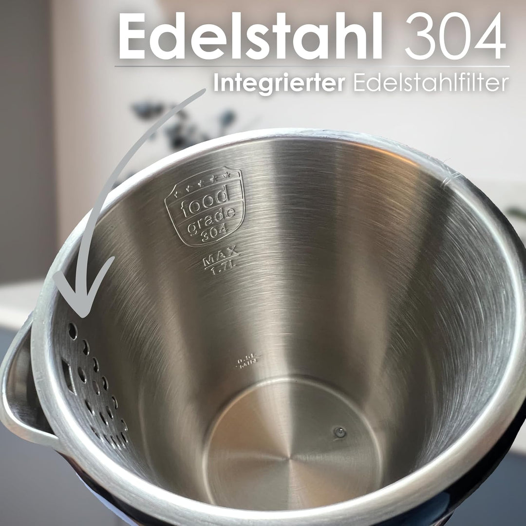 Wasserkocher Edelstahl mit Temperatureinstellung (40°C-100°C) 1,7 Liter 2200 Watt Teekocher 100% BPA