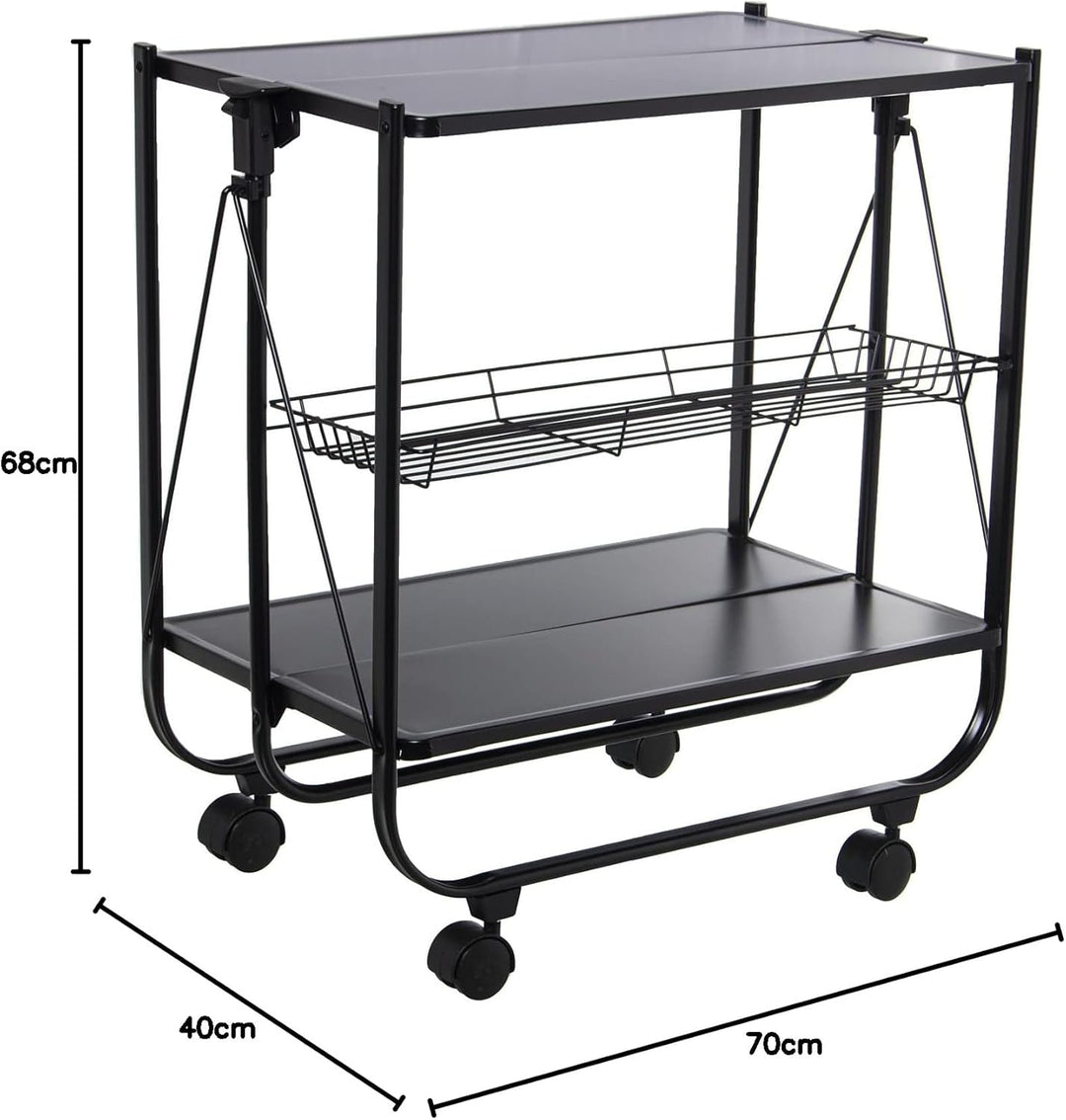 DRW Faltbarer Servierwagen mit Metallrädern in Schwarz, 70 x 40 x 68 cm