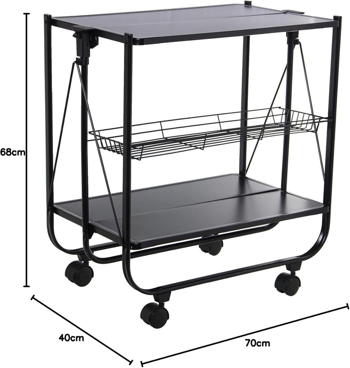 DRW Faltbarer Servierwagen mit Metallrädern in Schwarz, 70 x 40 x 68 cm