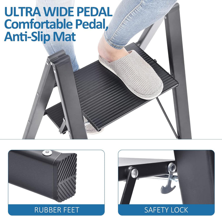 KINGRACK Stufenleiter, Trittleiter 3 Stufen, Klapptrittleiter mit Handlauf, rutschfeste Haushaltslei