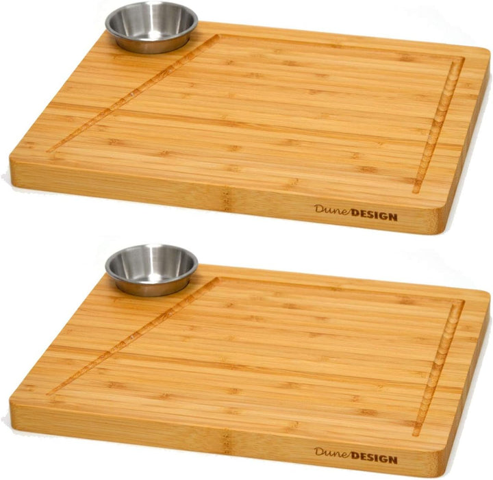 DuneDesign 4x Steakteller Holz mit Dipschalen - 30x25cm Bambus Teller Set - Grill Servierplatte Holz