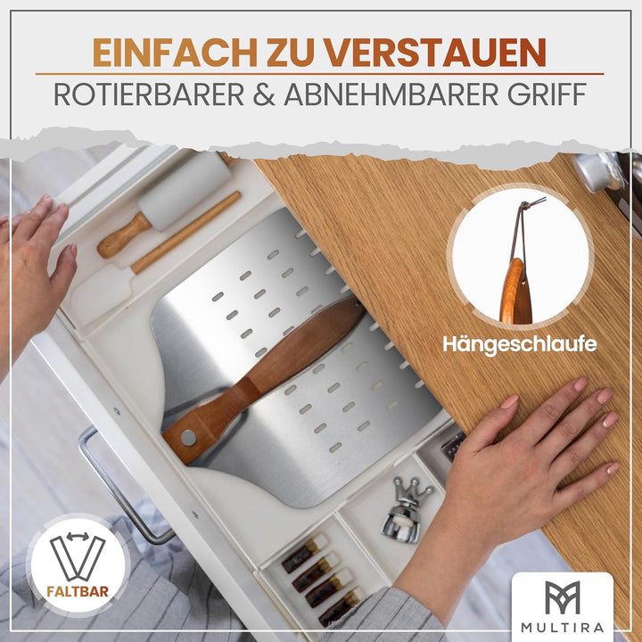 Pizzaschieber Aluminium drehbar | Ergonomischer Holzgriff, perforierte Schaufel, abnehmbar & hitzebe