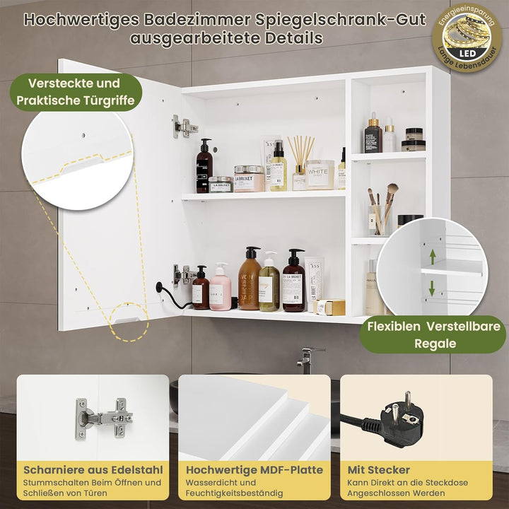 DICTAC Spiegelschrank Bad mit LED Beleuchtung 70x60x16cm Einzeltür Badezimmer spiegelschrank mit Ein