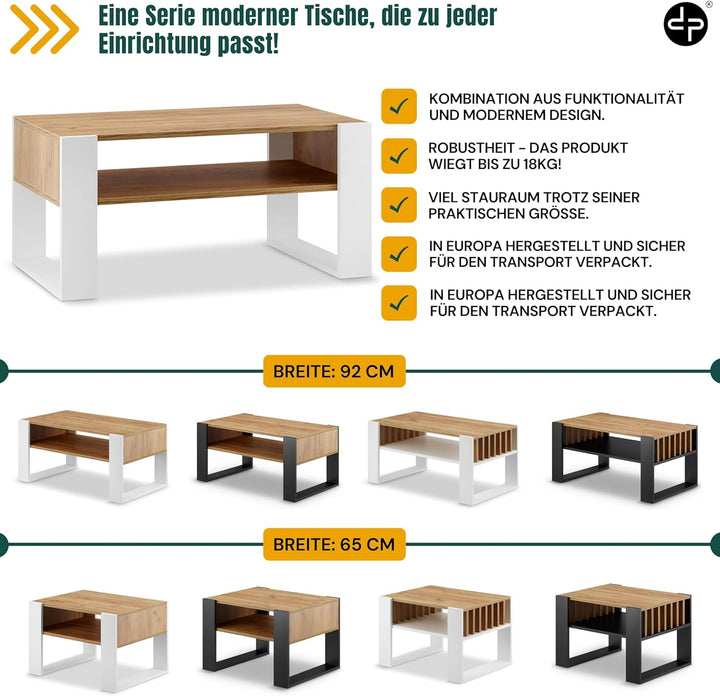 defiPad® Grosser Couchtisch mit Stauraum | Modern Wohnzimmertisch Eiche | 92CM Breite Kaffeetisch |