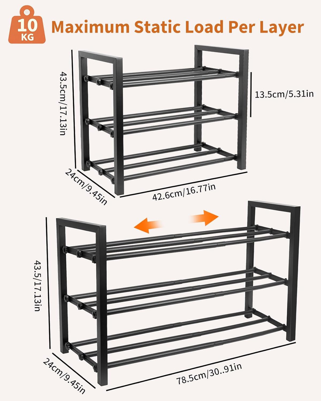 Ausziehbares Schuhregal Schmal, 3 Ebenen Adjustable Schuhregal Metall, Breite 43 to 78cm, Standregal