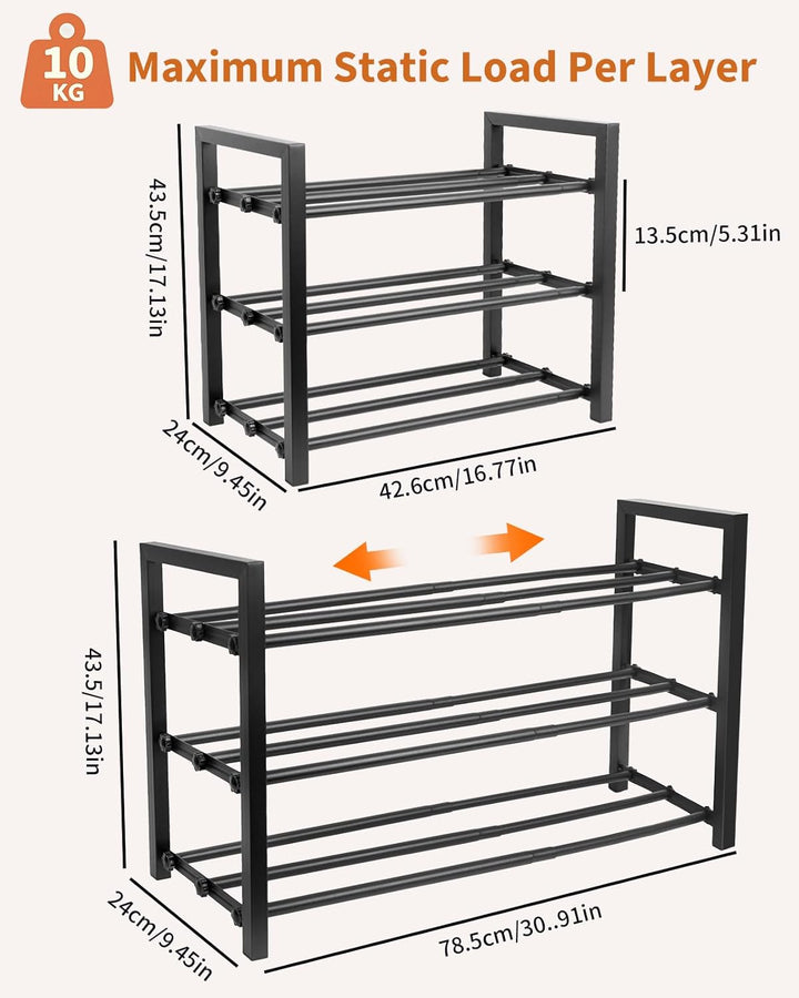 Ausziehbares Schuhregal Schmal, 3 Ebenen Adjustable Schuhregal Metall, Breite 43 to 78cm, Standregal