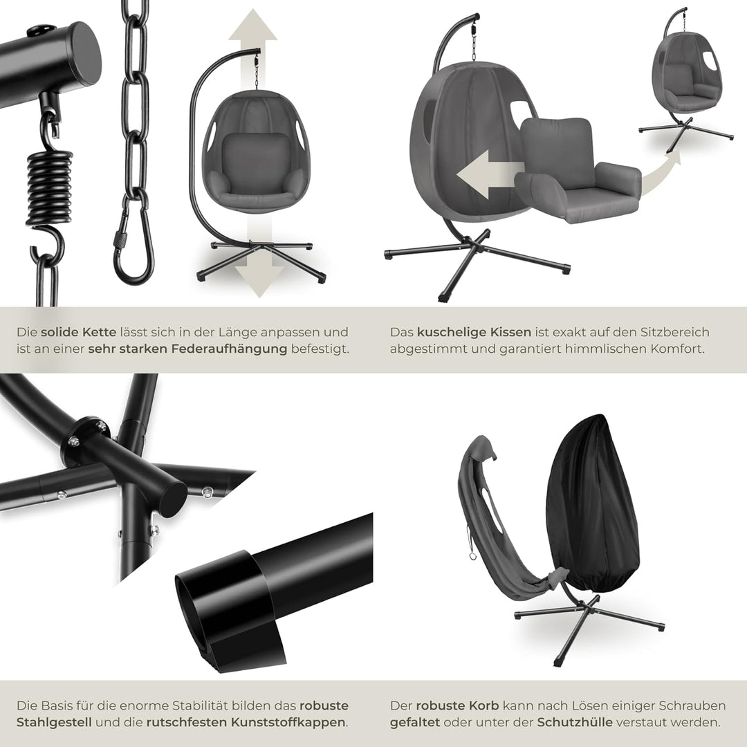 tectake® Hängesessel mit Gestell, Indoor oder Outdoor, Schaukel Sessel mit Kissen + Rückenkissen, Sc