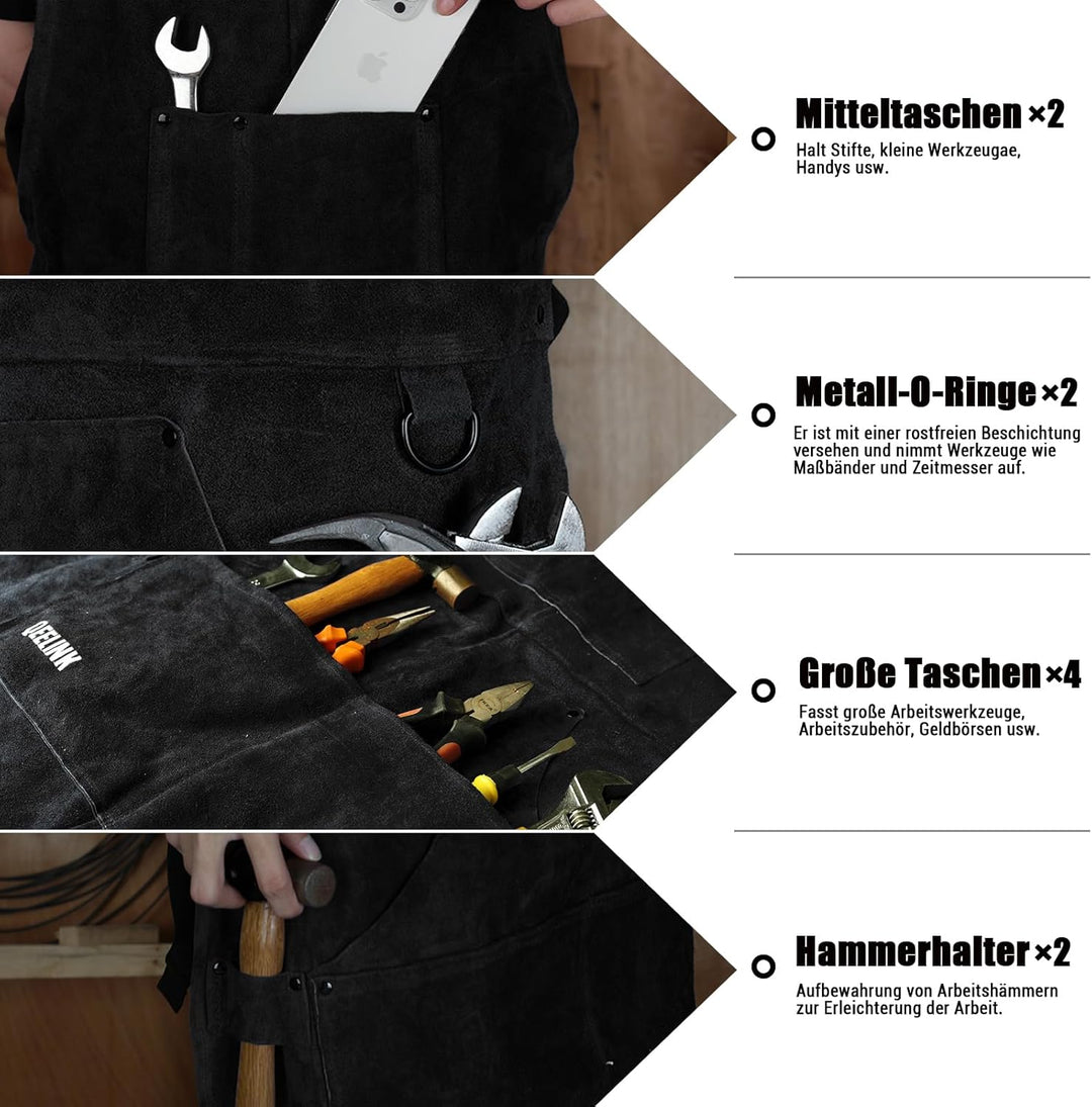 QeeLink Schweisserschürze Leder mit 6 Taschen, Lederschürze – Flammhemmende & Hitzebeständige Arbeit
