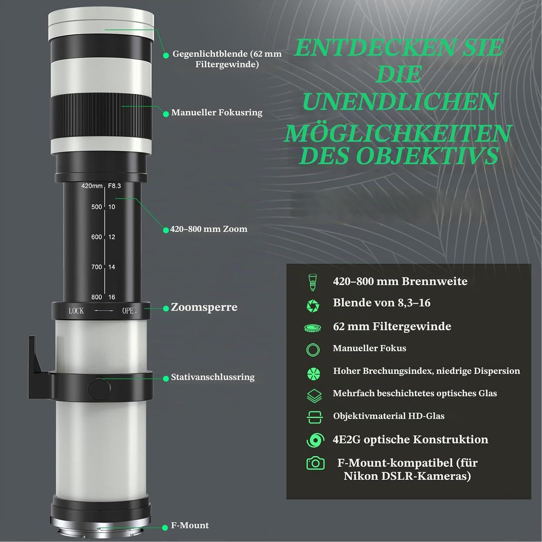 lightdow 420–800mmF8.3 Teleobjektiv für Nikon, F Objektiv Manuelles (MF) Telezoomobjektiv für Nikon
