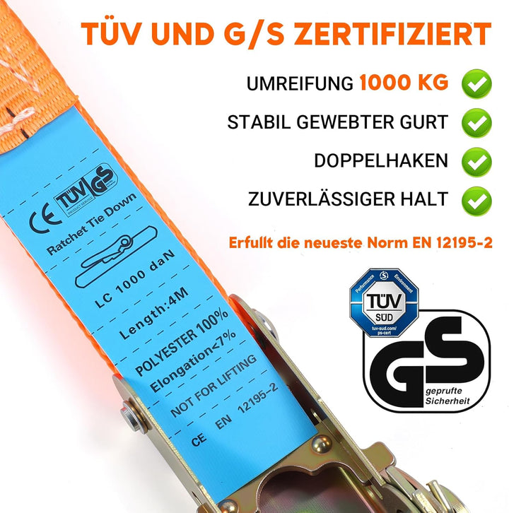 4er Set Spanngurte mit Ratsche Zurrgurt,1000KG Ratschengurte Zurrgurte, 2.5 cm x 4 m mit Ratsche und