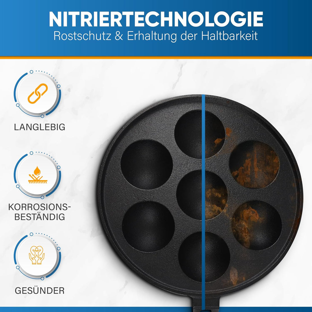 StarBlue 7-Loch-Aebleskiver-Pfanne aus Gusseisen, abnehmbarer Holzgriff, vorgebrannt, Aebleskiver-St