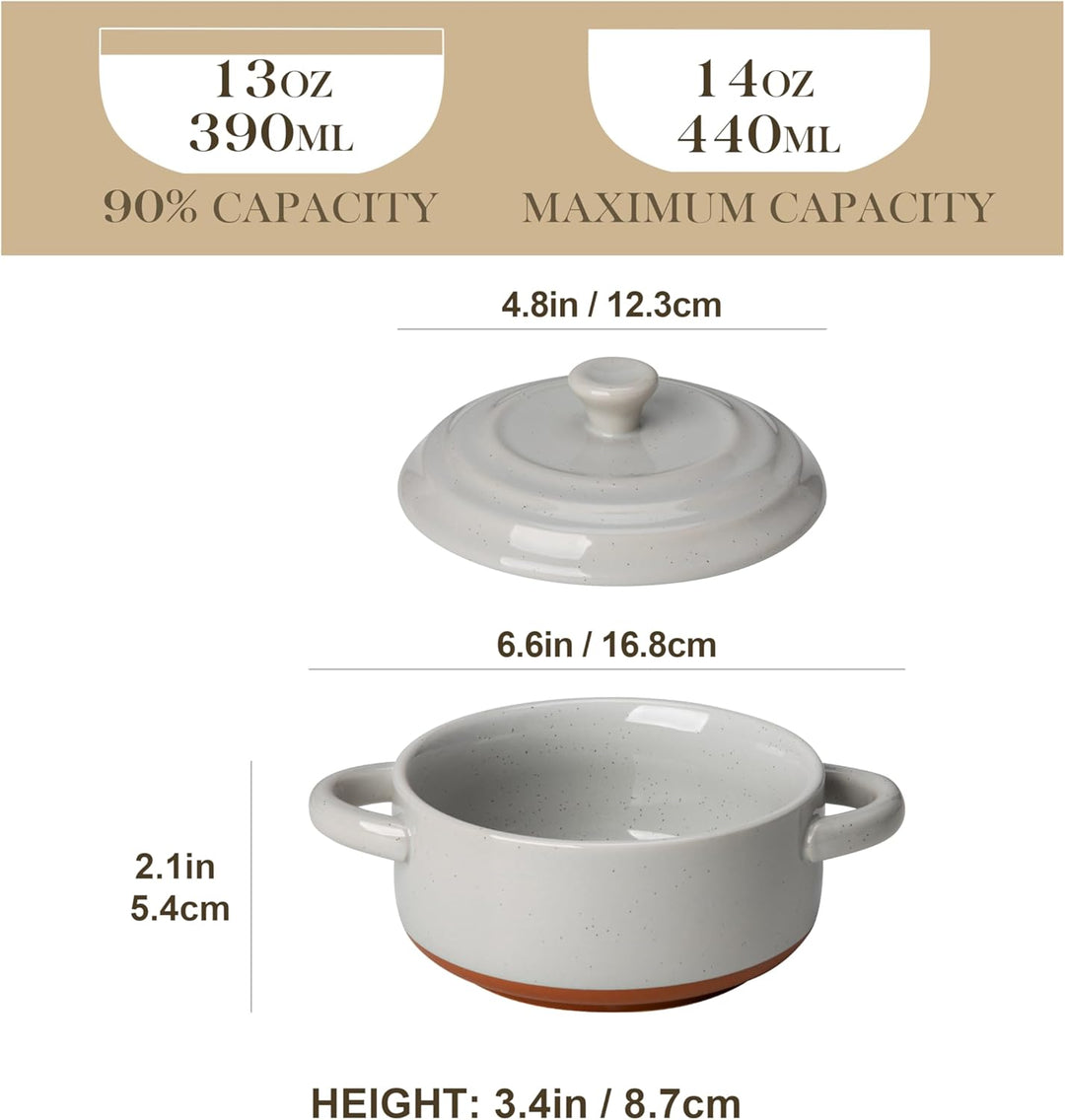 MALACASA Mini Cocotte Set 440 ml, 4 Stück Auflaufform Klein aus Steingut mit Deckel und Griffen, für
