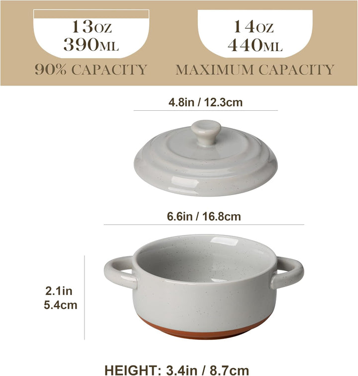 MALACASA Mini Cocotte Set 440 ml, 4 Stück Auflaufform Klein aus Steingut mit Deckel und Griffen, für