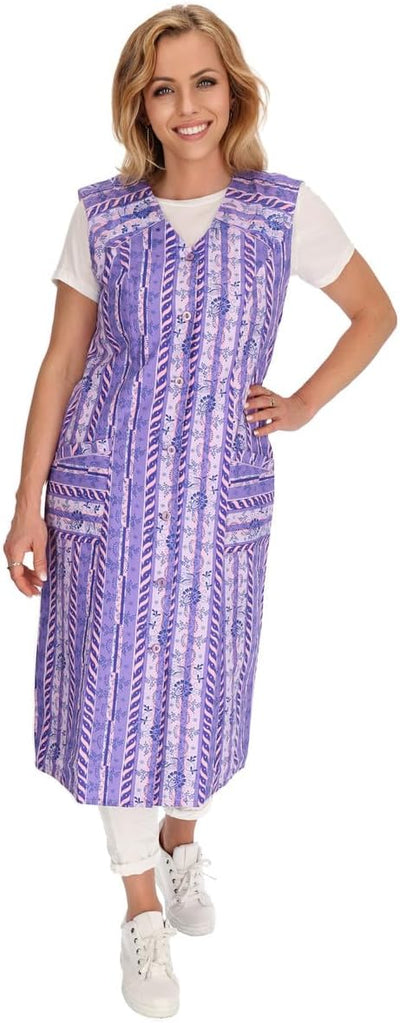 Knopfkittel Baumwolle bunt Kochschürze Hauskleid Kittel Schürze ohne Arm 38 violett, 38 violett