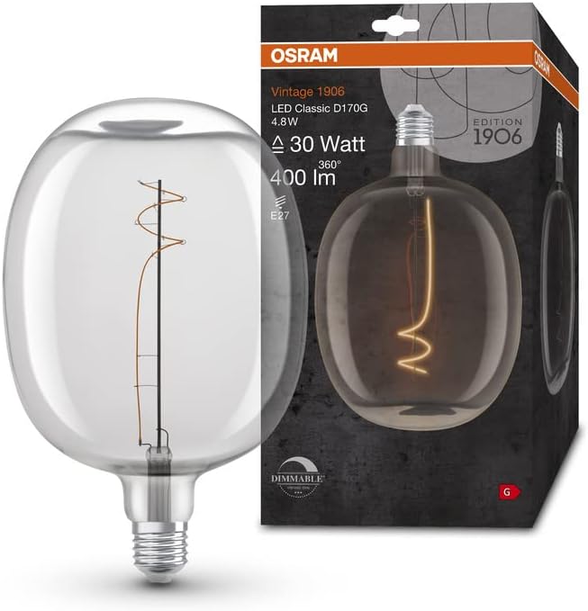 OSRAM Lamps Vintage 1906 -Lampe klarem Glaskörper,4,8W,400lm,Ballon-Form 170mm Durchmesser&E27-Socke