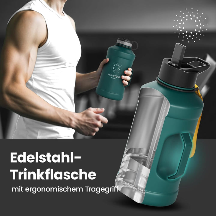 BeMaxx Trinkflasche Edelstahl ACTIVE FLASK + Strohhalm (3 Deckel) | Grosse 2,2 Liter Sportflasche BP