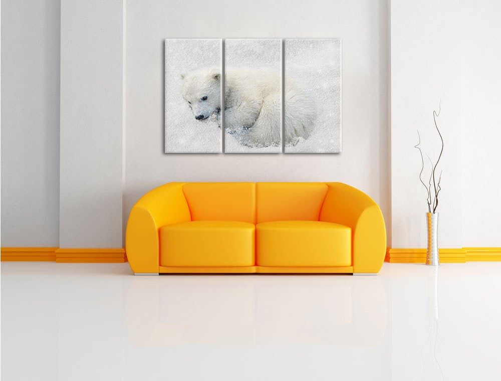 Pixxprint Eisbär im Schnee als Leinwandbild/Grösse: 3 Teilig (120x80) cm/Wandbild/Kunstdruck/fertig