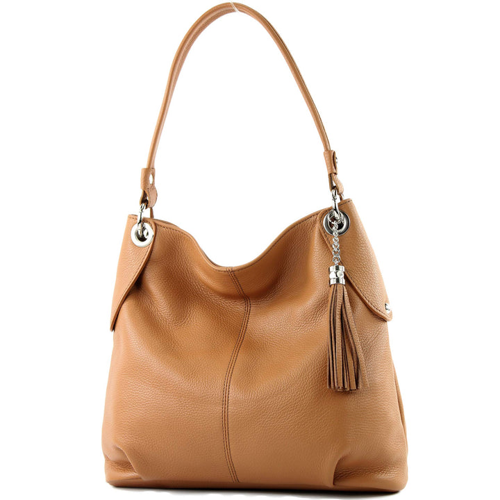 modamoda de - T185 - ital. Damen Schultertasche aus Leder Camel, Camel