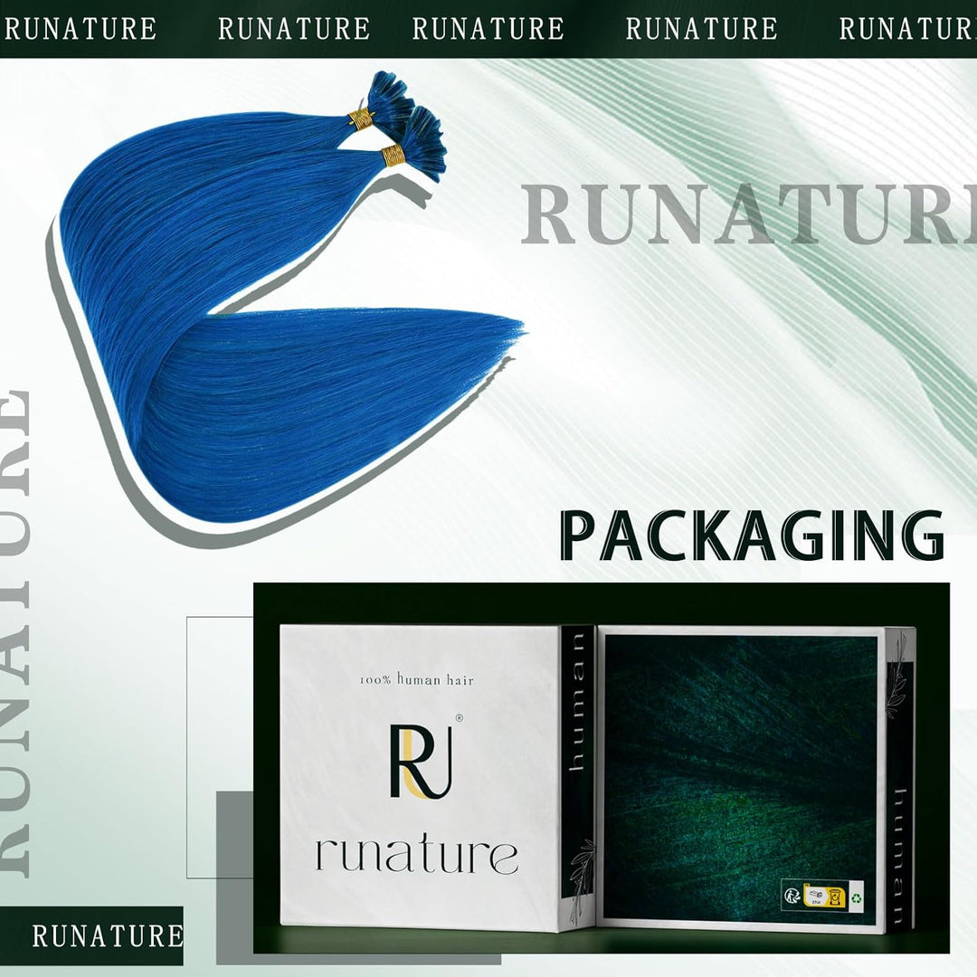 RUNATURE Extensions Echthaar Bondings Blau 50cm Keratin Unsichtbar Menschliches Haar 25 Strähne Haar