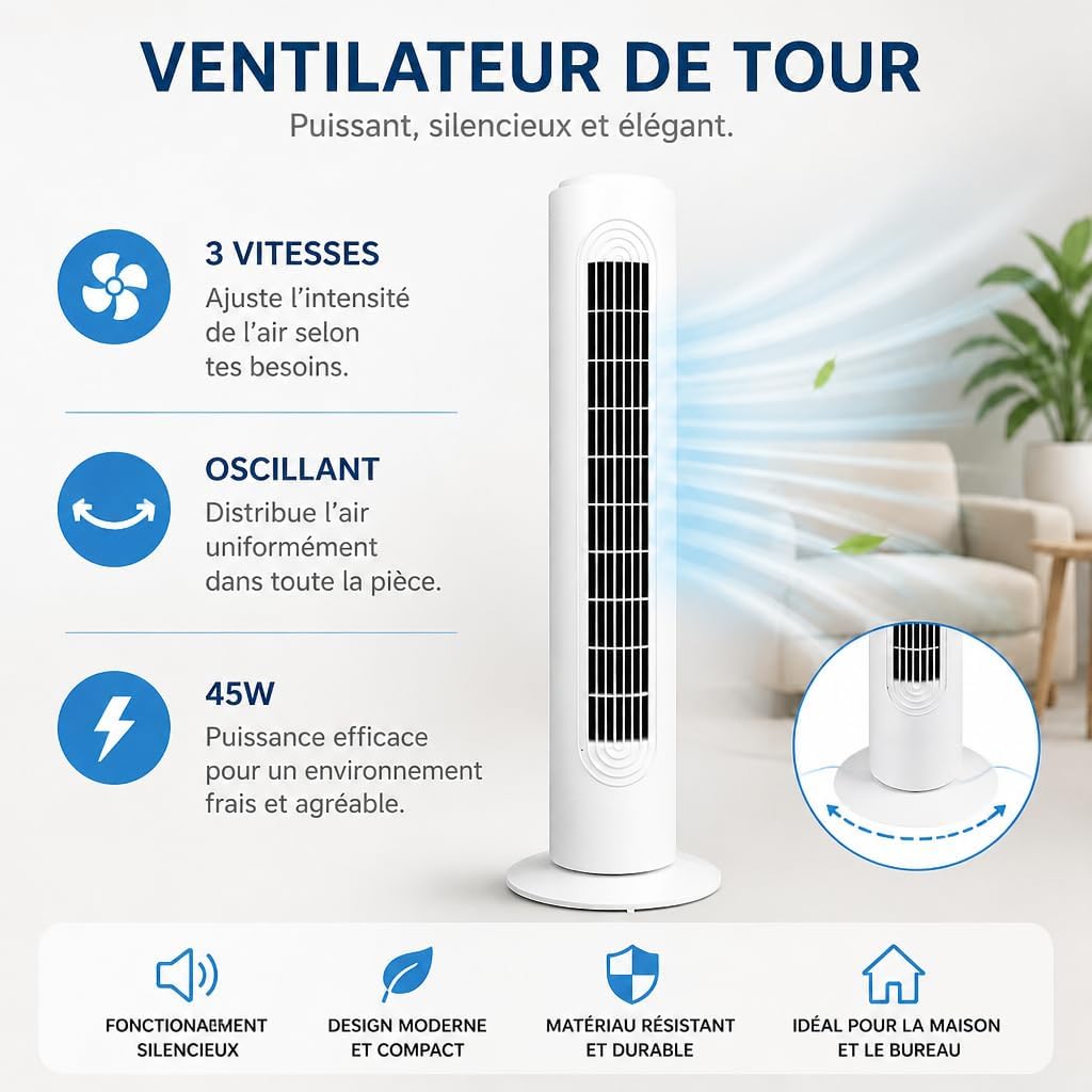 GROWMANIA.ES Säulenventilator, 45 W, weiss | leiser Turmventilator | 3 Geschwindigkeitsstufen | auto