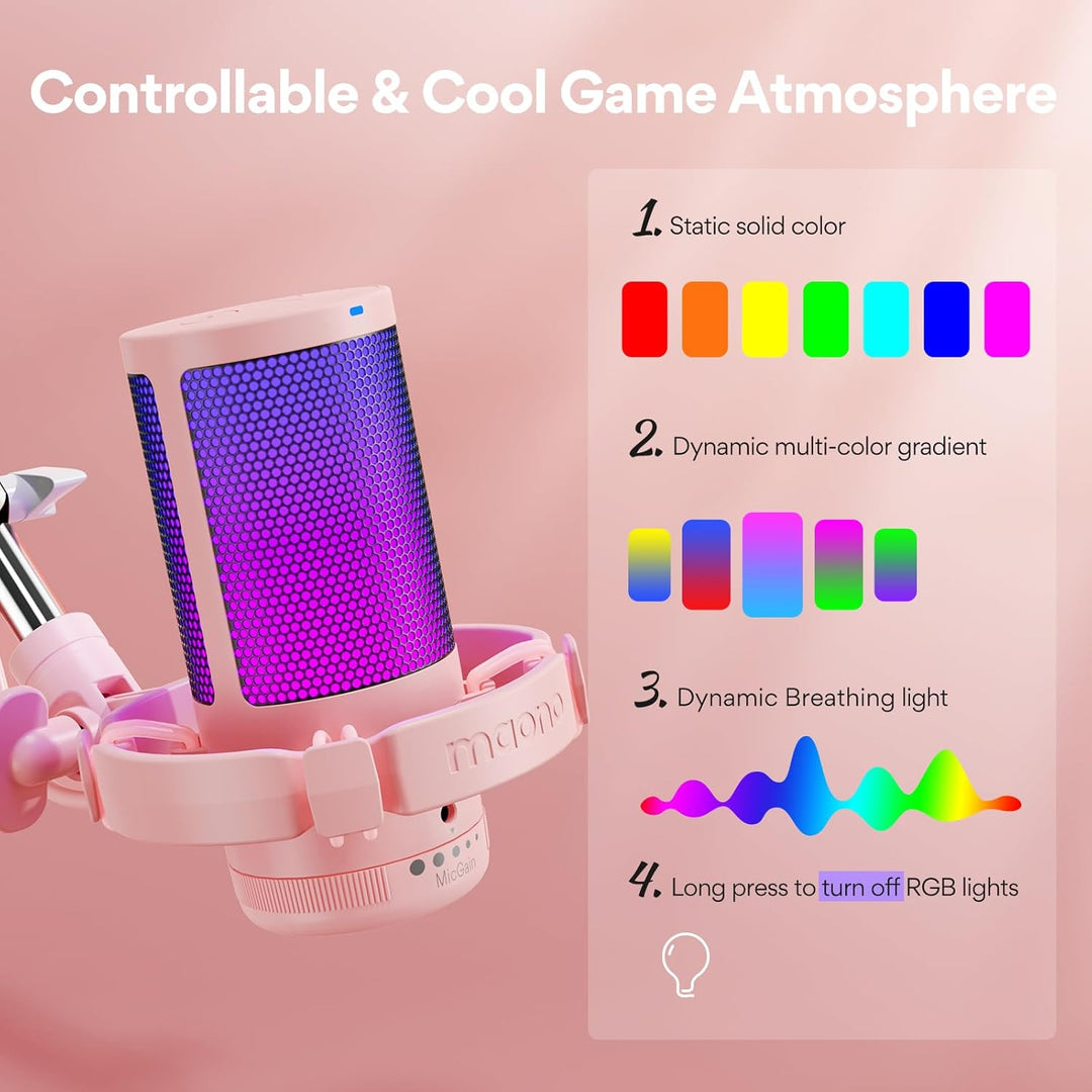MAONO Gaming Mikrofon Rosa mit Geräuschunterdrückung, Computer PC Kondensatormikrofon mit RGB-Licht,