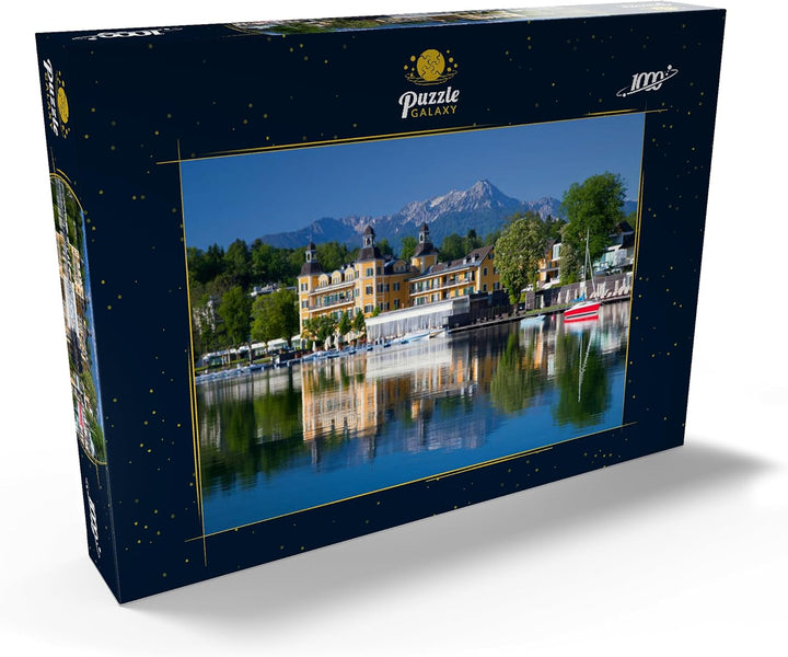 Schlosshotel am See gegen Mittagskogel (2143m), Velden, Wörther See, Österreich - Premium 1000 Teile