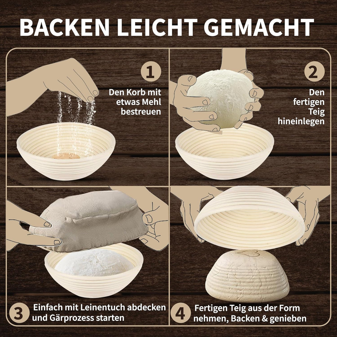 YUKA Profi Gärkörbchen rund für Brot 23cm [NEU] - Gärkorb set mit 3 Brotmuster-Plättchen [inkl. wasc