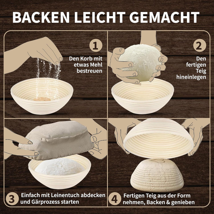 YUKA Profi Gärkörbchen rund für Brot 23cm [NEU] - Gärkorb set mit 3 Brotmuster-Plättchen [inkl. wasc