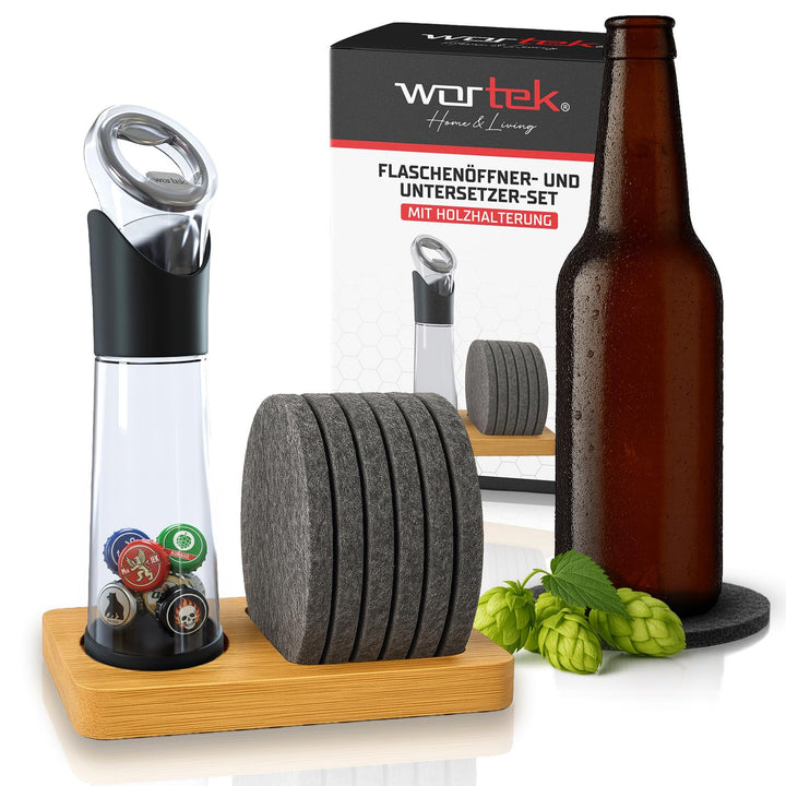 wortek Flaschenöffner mit Auffangbehälter + Filz Untersetzer Gläser Set mit Halterung Glas Untersetz